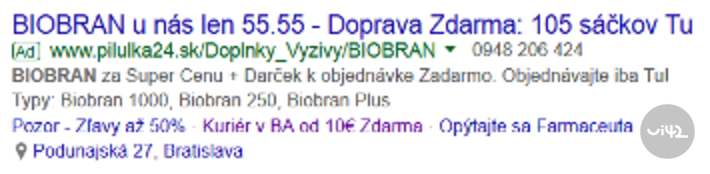 Reklama na doplněk stravy Biobran s informací o ceně a dopravě zdarma