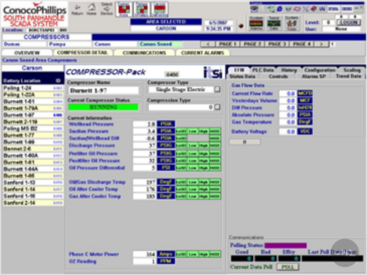 Obrazovka softwaru pro monitorování kompresorů