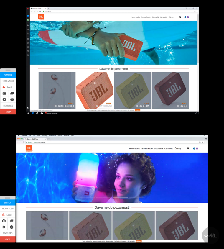 Testování webové stránky s produkty JBL pod vodou