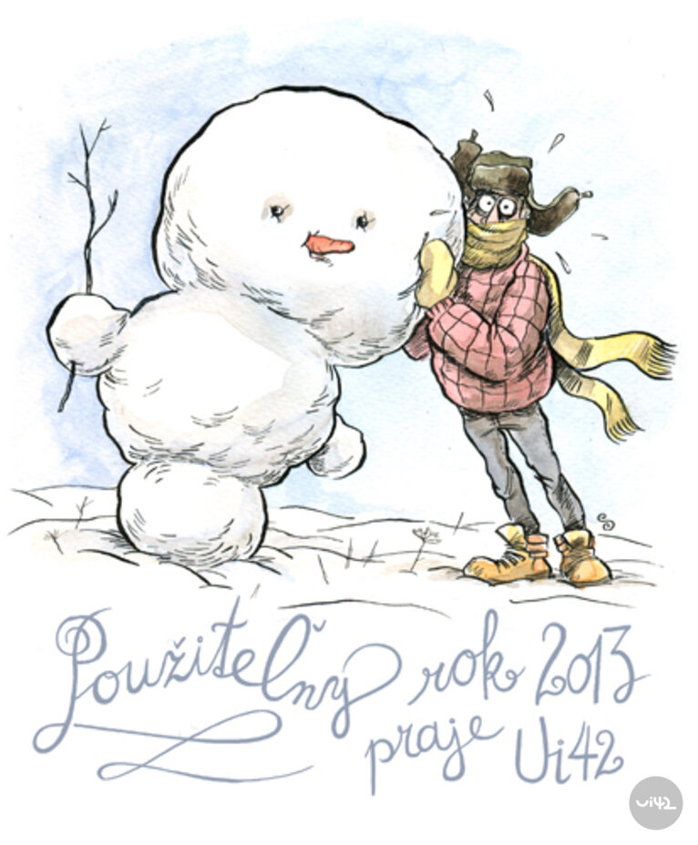 Ilustrace sněhuláka a osoby v zimním oblečení s nápisem 'Použitelný rok 2013 přeje Ui42'.