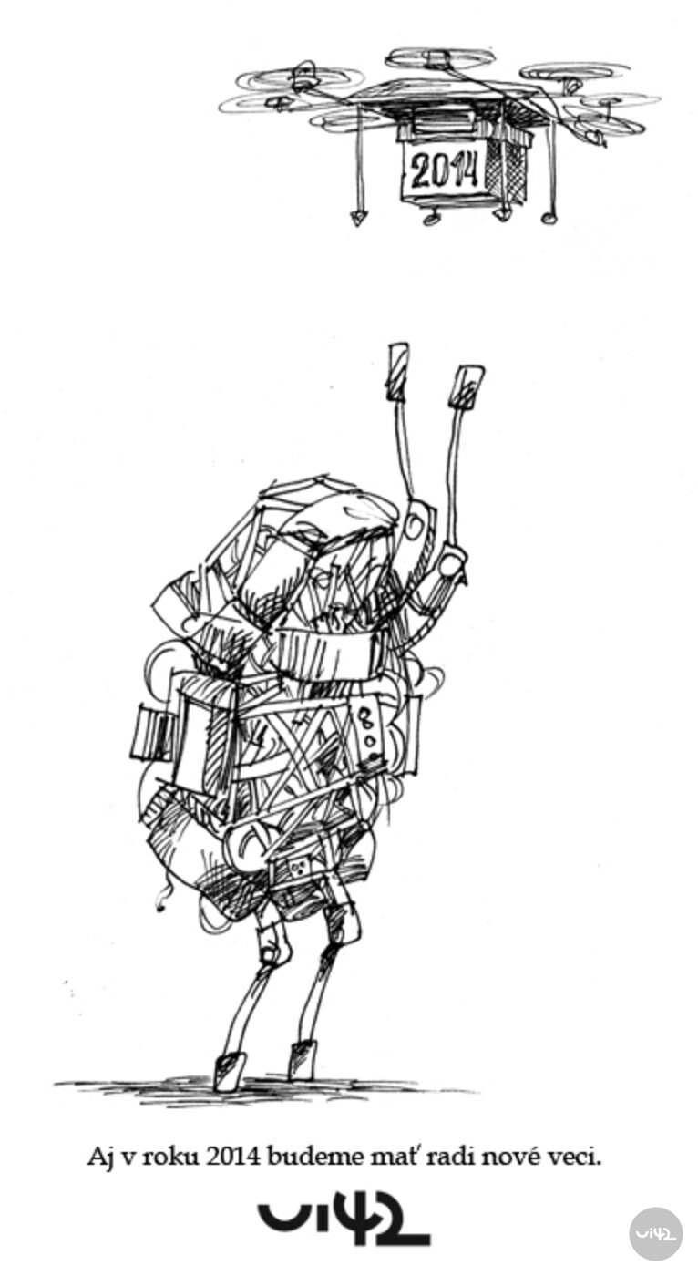 Ilustrace s dronem nesoucím balík označený rokem 2014 a robotem nesoucím různé předměty. Text říká: 'I v roce 2014 budeme mít rádi nové věci.'