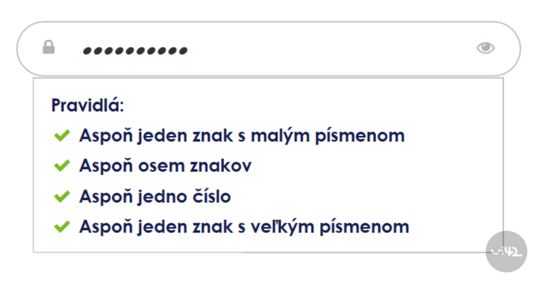 Ilustrace pravidel pro vytváření bezpečného hesla s ikonou zámku a seznamem kritérií, jako je použití malého a velkého písmena, čísla a minimálního počtu znaků.