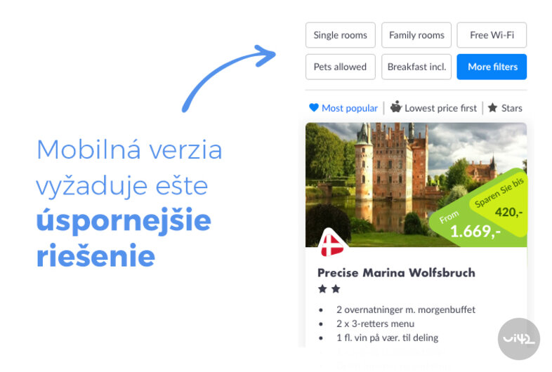 Ukázka uspořádání nabídky ubytování pro mobilní verzi dánské cestovní kanceláře se zvýrazněnými filtry a textem 'Mobilní verze vyžaduje ještě úspornější řešení'.