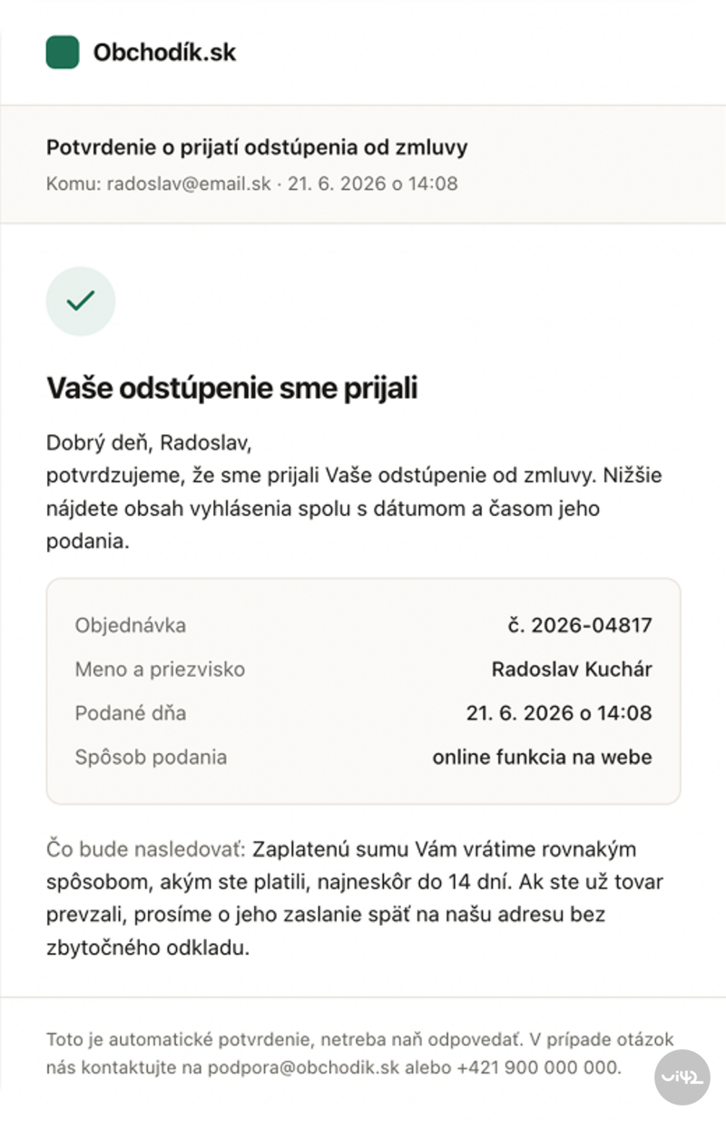 e-mail po odstoupení od smlouvy na e-shopu