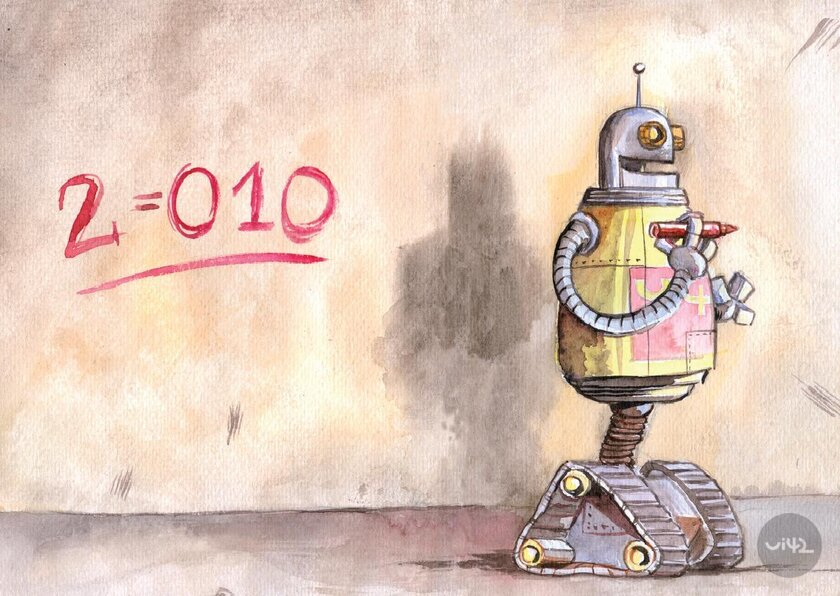 Ilustrace robota s číslicí 2010 na stěně