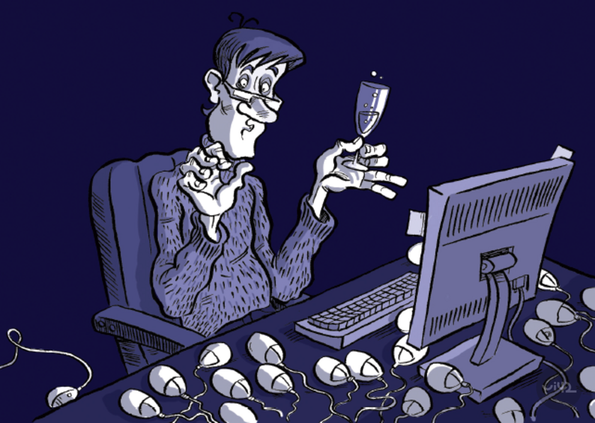 Kreslená postava sedící u počítače s více myšmi a sklenicí v ruce