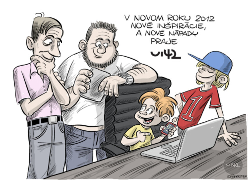 Kreslená ilustrace čtyř postav, které se dívají na laptop. Jedna z nich drží tablet a usmívá se. Text na obrázku říká: 'V novém roce 2012 nové inspirace, a nové nápady přeje ui42.'