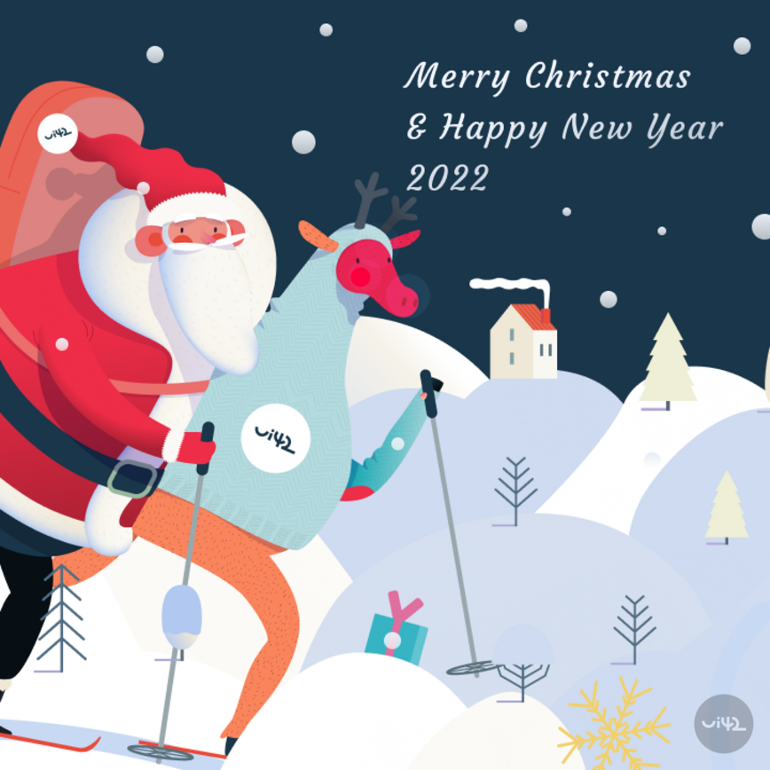 Vánoční ilustrace Santa Clause a soba při lyžování s přáním Merry Christmas & Happy New Year 2022