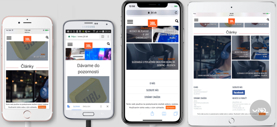 Ukázka webové stránky JBL na různých zařízeních jako mobil a tablet. Na obrazovce jsou zobrazeny články a recenze na produkty JBL, jako jsou sluchátka a reproduktory. Webová stránka je přizpůsobena na různé velikosti obrazovek.