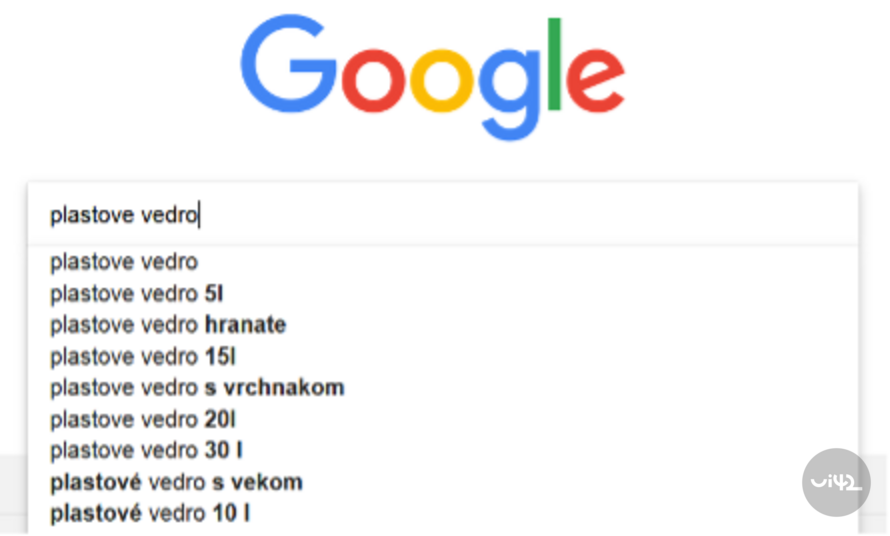 Google vyhledávání pro 'plastové vědro' s automatickými návrhy