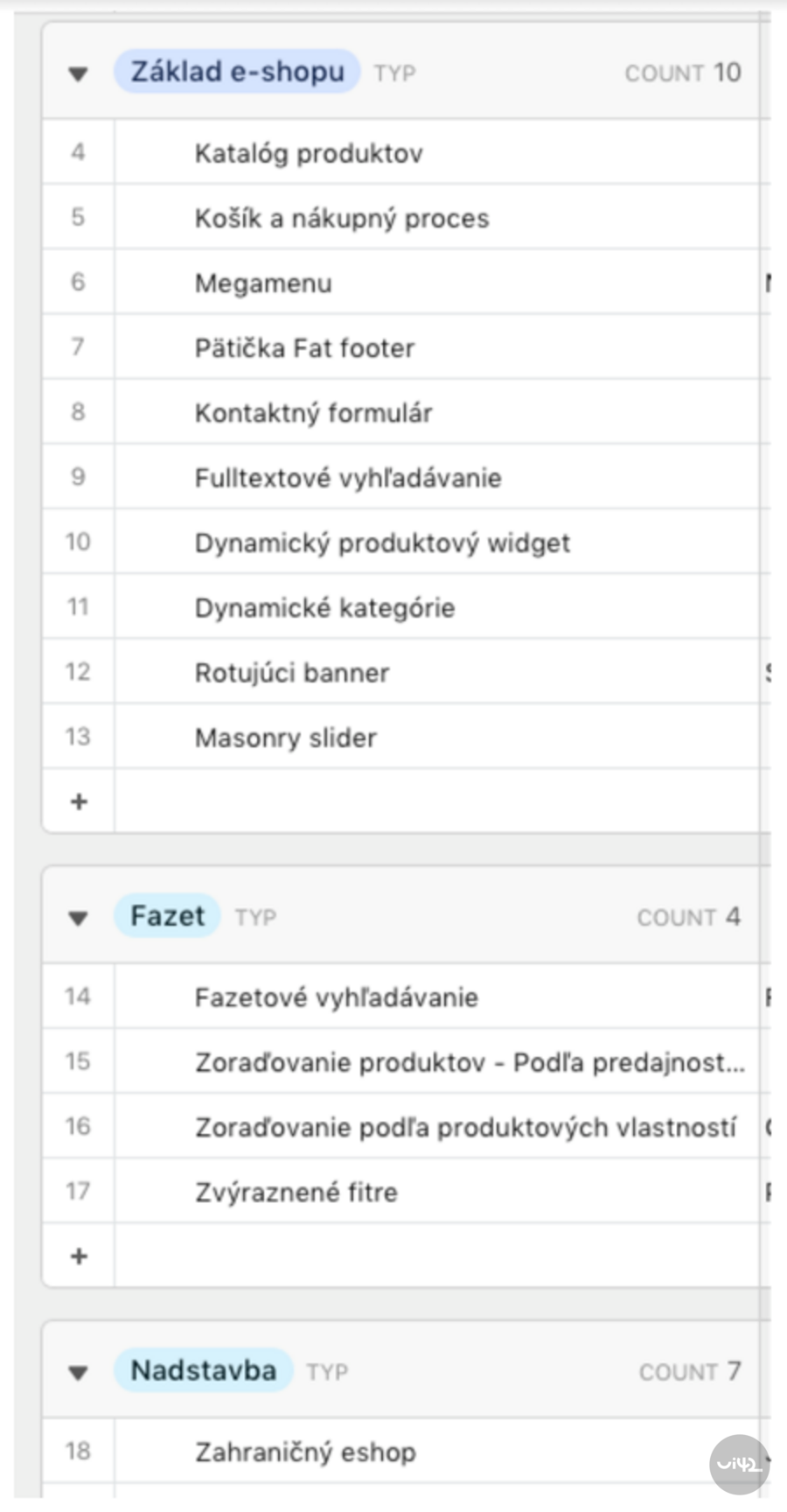 Seznam funkcí e-shopu v BUXUS 7.0, včetně základních funkcí, fasetového vyhledávání a nadstavby.