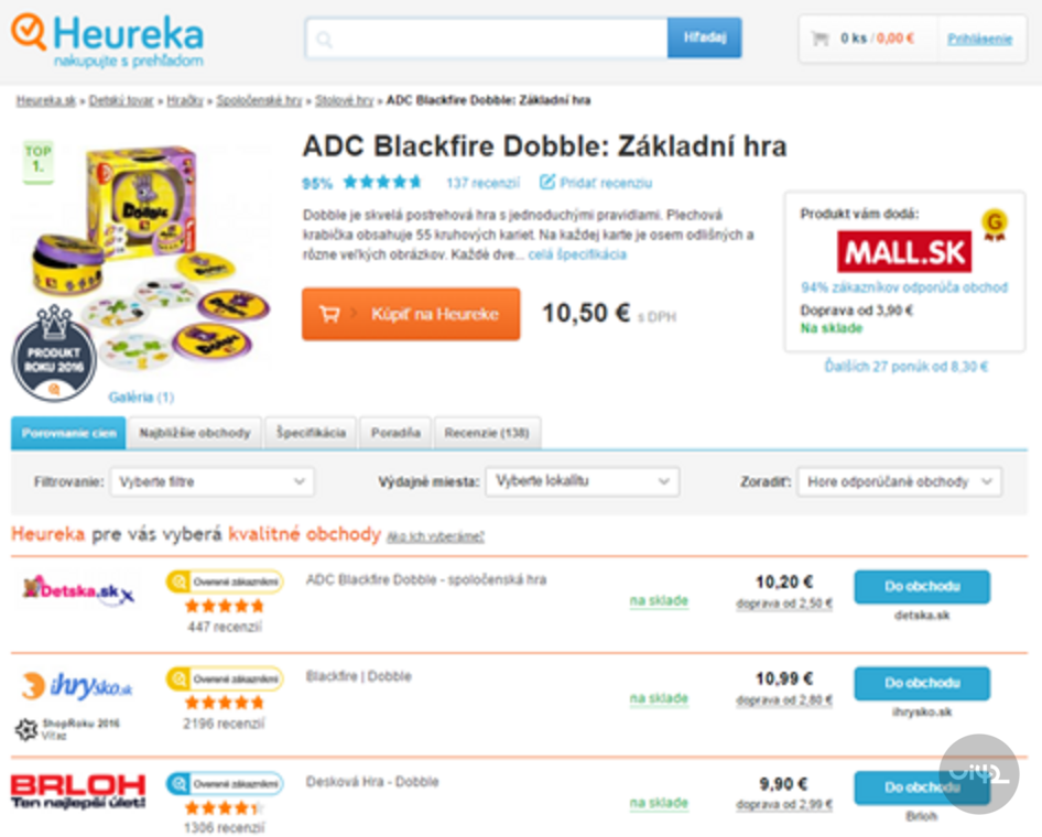 Webová stránka s porovnáním cen hry ADC Blackfire Dobble na Heureka.cz