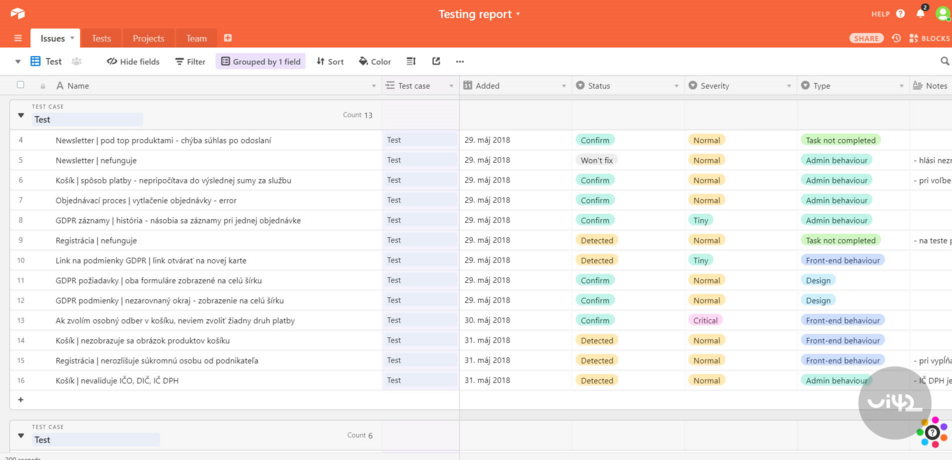 Tabulka s přehledem testovacích případů a jejich stavů, obsahující informace o problémech s newsletterem, košíkem a GDPR požadavky.