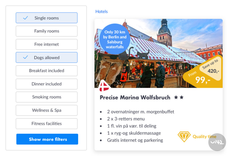 Nabídka hotelu Precise Marina Wolfsbruch s filtry pro výběr pokojů a služeb, včetně povolení pobytu se psy a bezplatného internetu.