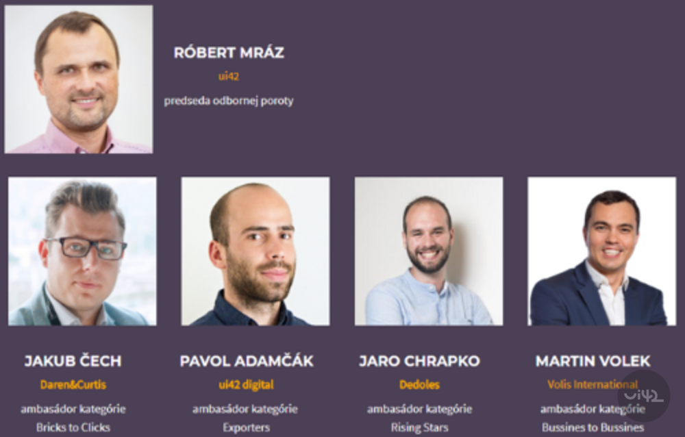 Portréty pěti osob s jejich jmény a pozicemi, včetně Róberta Mráza, Jakuba Čécha, Pavla Adamčáka, Jara Chrapka a Martina Volka, kteří jsou spojeni s různými kategoriemi na konferenci MastersGate.