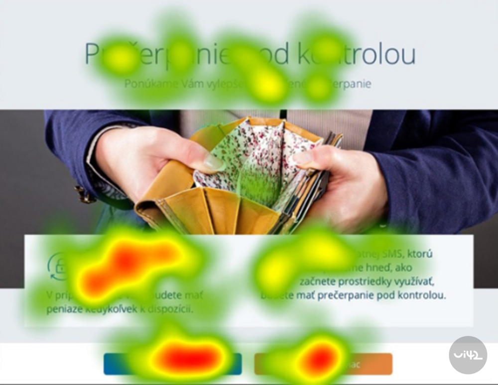 Teplotní mapa uživatelského rozhraní internetového bankovnictví s obrázkem peněženky v rukou.
