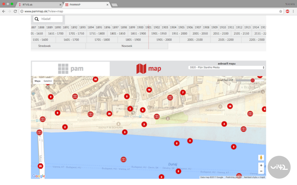 Snímek obrazovky z webové stránky Pamatmap s mapou Bratislavy a vyznačenými historickými body zájmu podél řeky Dunaj.
