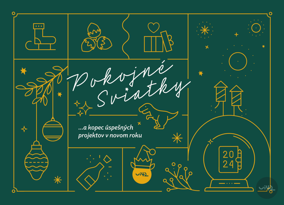 Vánoční pohlednice s nápisem "Pokojné svátky" a symboly jako brusle, ořechy, dárky, ozdoby, láhev a dinosaurus. Text: "...a spousta úspěšných projektů v novém roce".