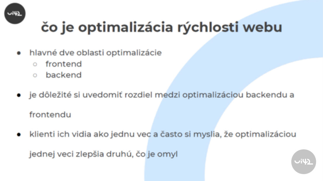 Infografika o optimalizaci rychlosti webu, zahrnuje hlavní oblasti optimalizace: frontend a backend, a důležitost rozlišování mezi nimi.