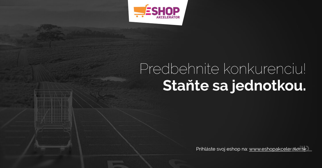 Reklamní obrázek s nákupním vozíkem na běžecké dráze s textem 'Předběhněte konkurenci! Staňte se jedničkou.'