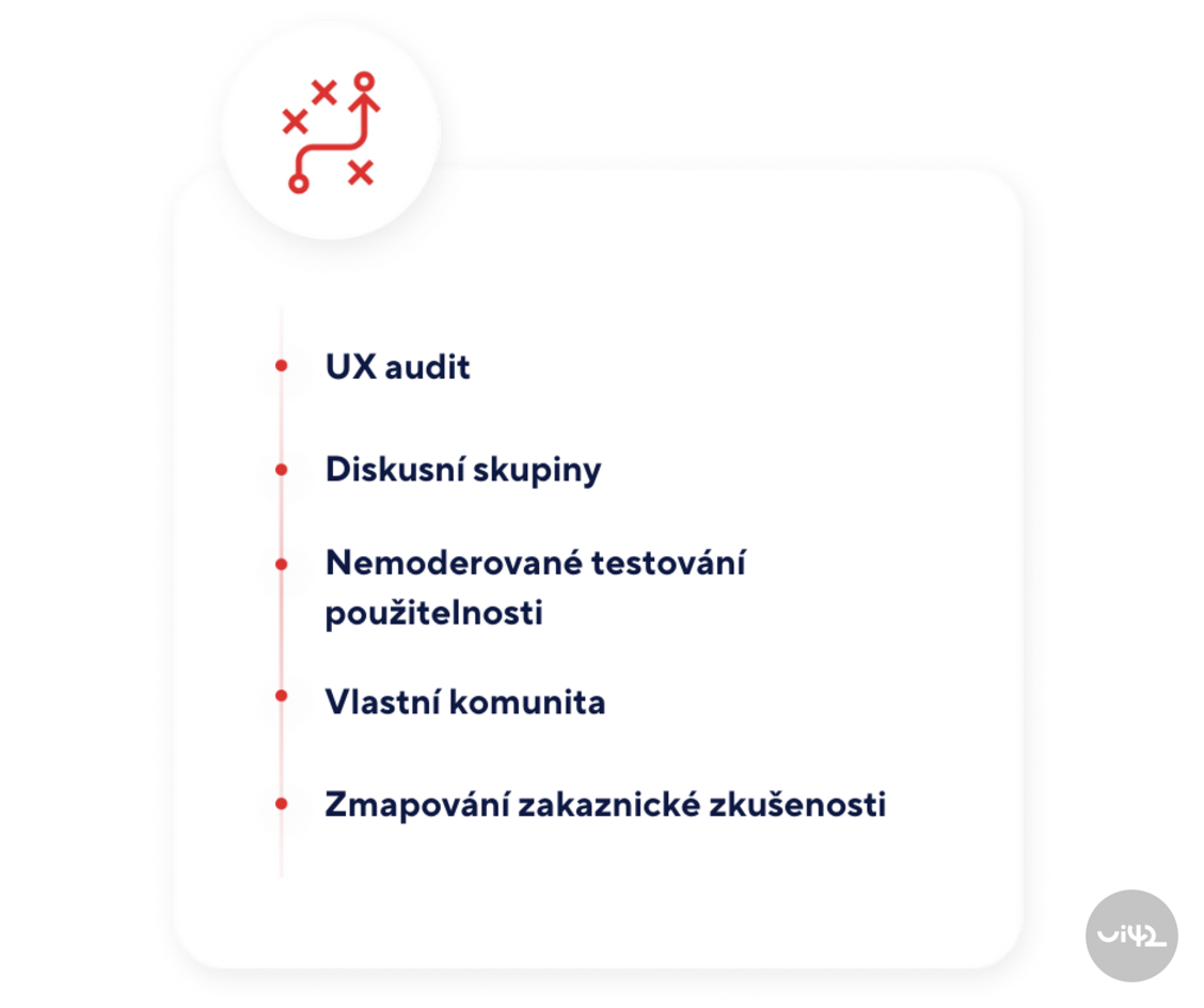 Ilustrace zákaznické zkušenosti s body: UX audit, Diskusní skupiny, Nemoderované testování použitelnosti, Vlastní komunita, Zmapování zákaznické zkušenosti.