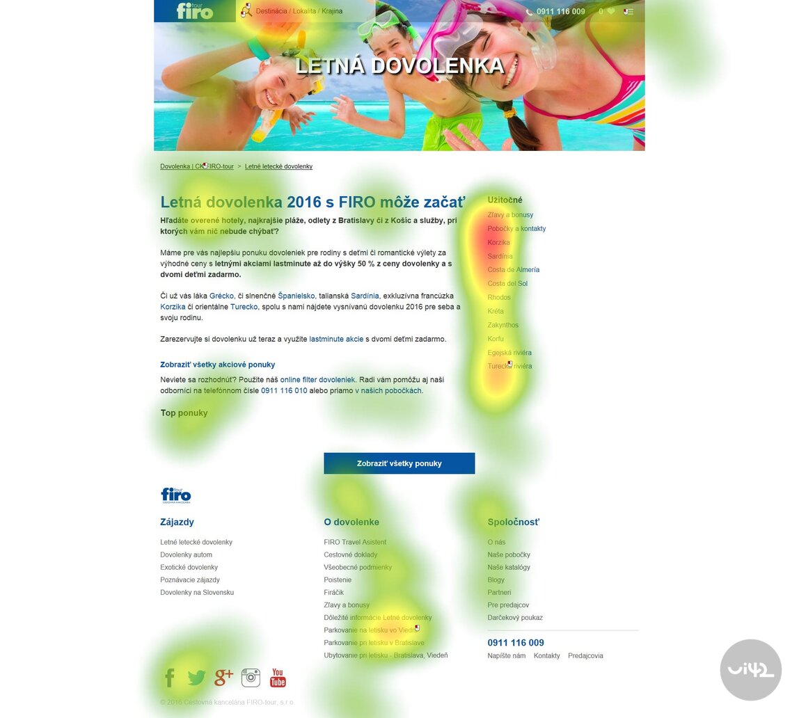 Webová stránka cestovní kanceláře FIRO s nabídkou letních dovolených a zvýrazněnými oblastmi zájmu prostřednictvím eyetrackingu.