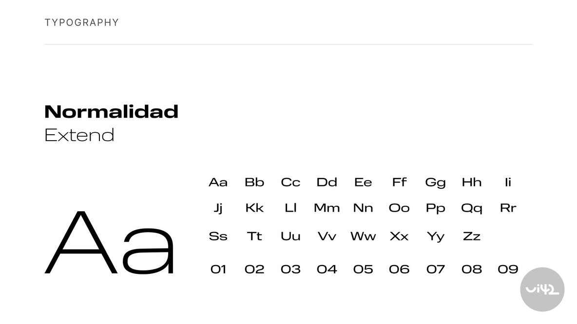 Ukázka typografie písma Normalidad Extend s abecedou a číslicemi na bílém pozadí