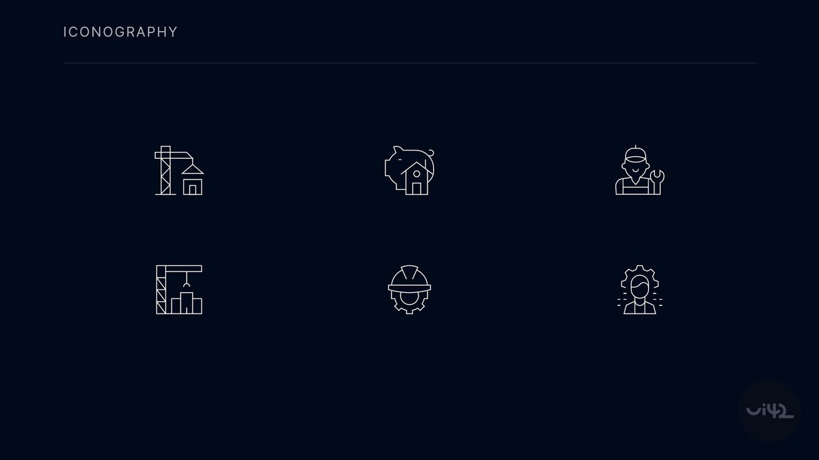 Sada ikonek znázorňujících různé aspekty designu a výstavby, včetně jeřábu, prasátka s domem, stavitele, stavebního inženýra a dalších.