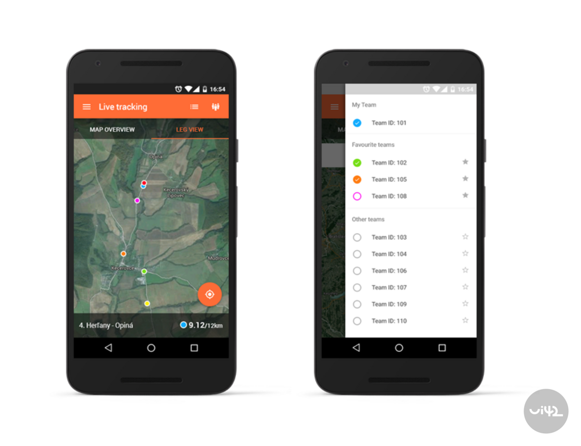 Mobilní aplikace pro sledování štafetového běhu na mapě s výběrem týmů na smartphonu.