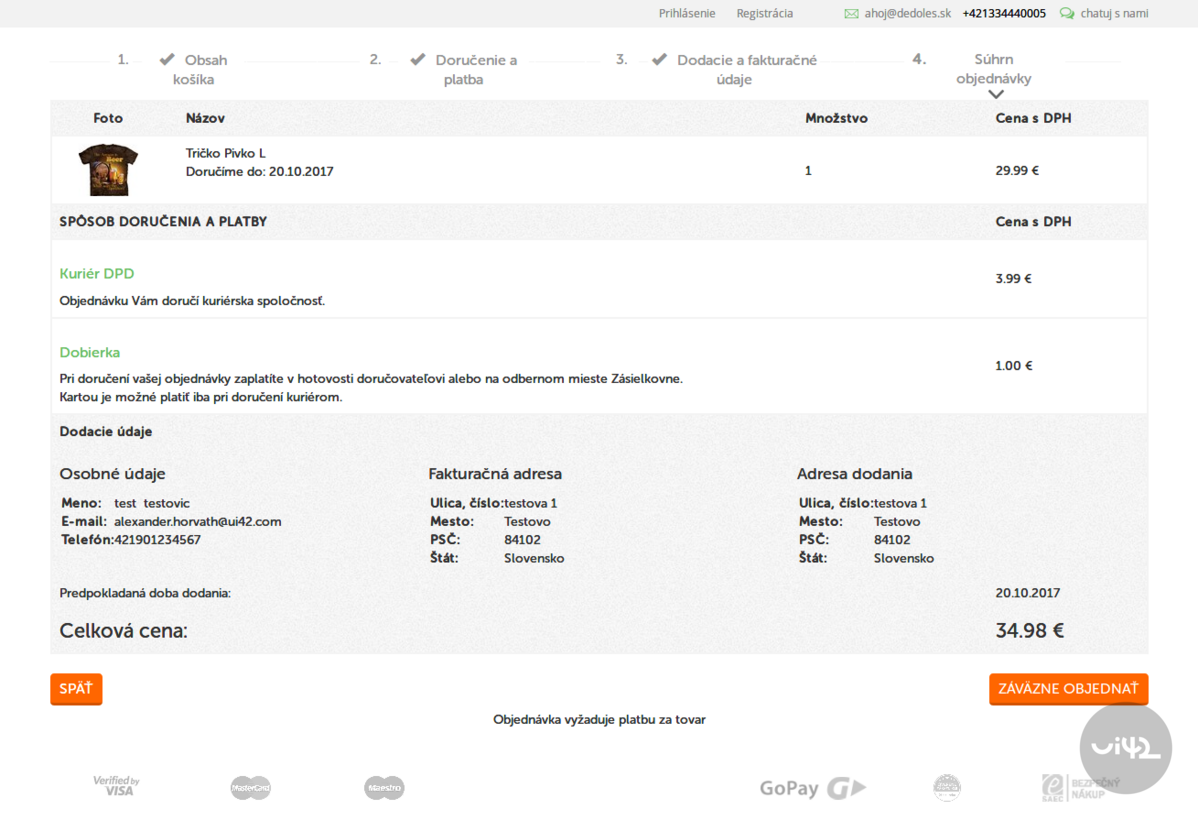 Nákupní košík na stránce BUXUS s detaily objednávky trička, způsoby doručení a platby, osobními údaji a adresou doručení.