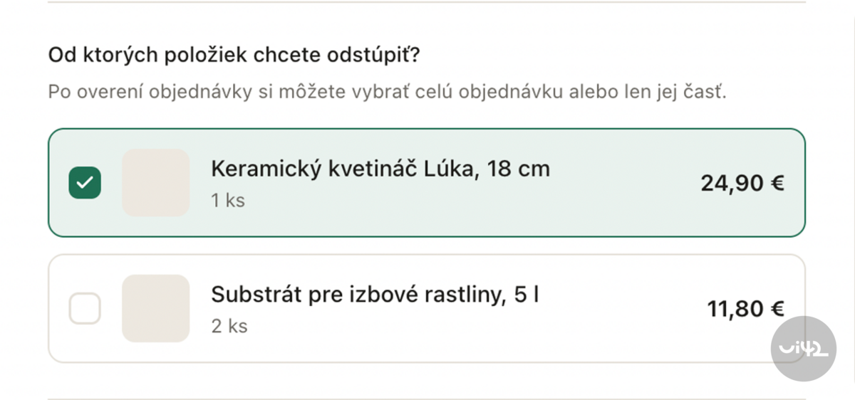 výběr konkrétních položek při odstoupení od smlouvy na e-shopu