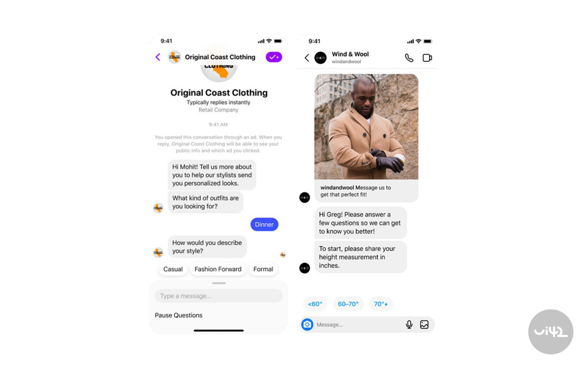 Ukázka konverzace v aplikaci Facebook Messenger mezi uživateli a obchody Original Coast Clothing a Wind & Wool. Uživatelé odpovídají na otázky týkající se jejich osobních preferencí a stylu oblečení.