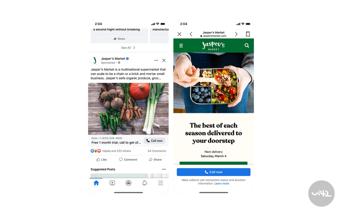 Facebook Lead Ads příklad s reklamou Jasper's Market, zobrazující zeleninu a zdravé jídlo.