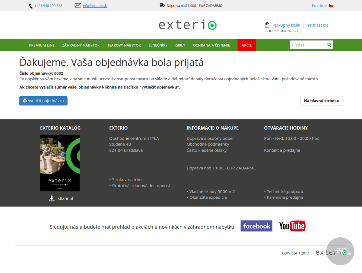 Potvrzení přijetí objednávky na stránce Exterio s detaily objednávky a možností tisku