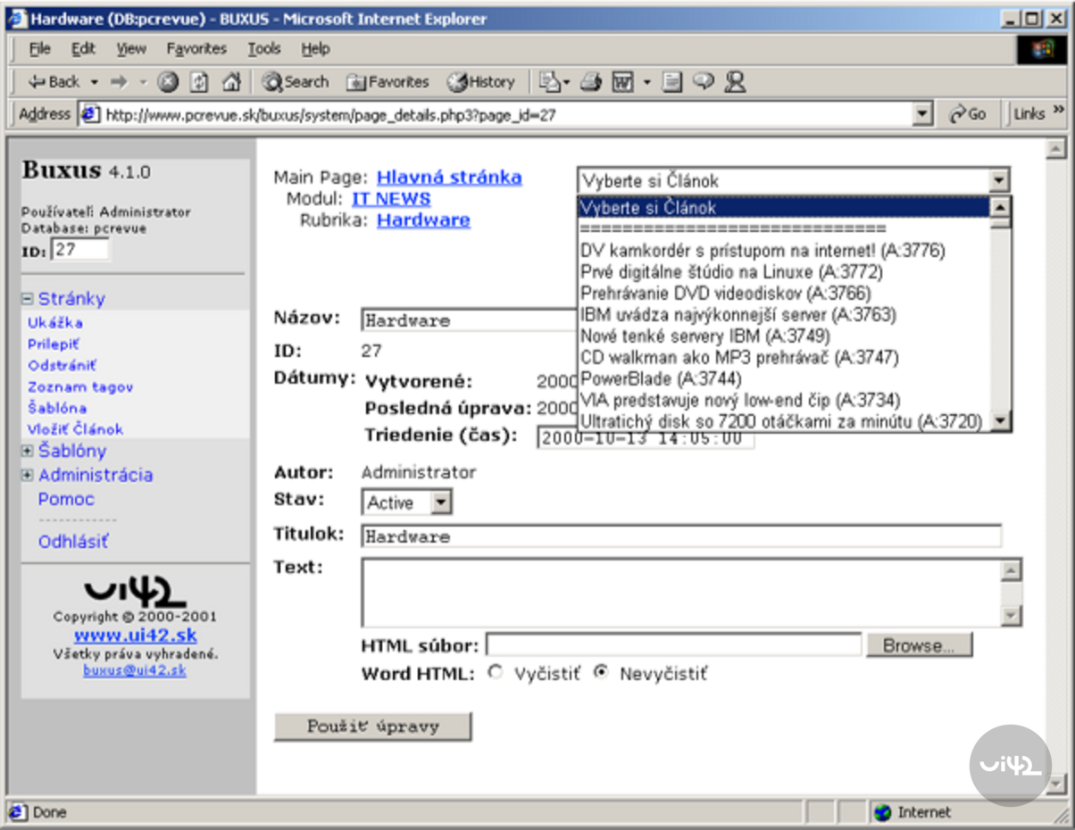 Staré administrační rozhraní webové stránky s názvem Buxus 4.1.0 zobrazené v prohlížeči Internet Explorer. Obsahuje možnosti pro úpravu článků v sekci IT NEWS.