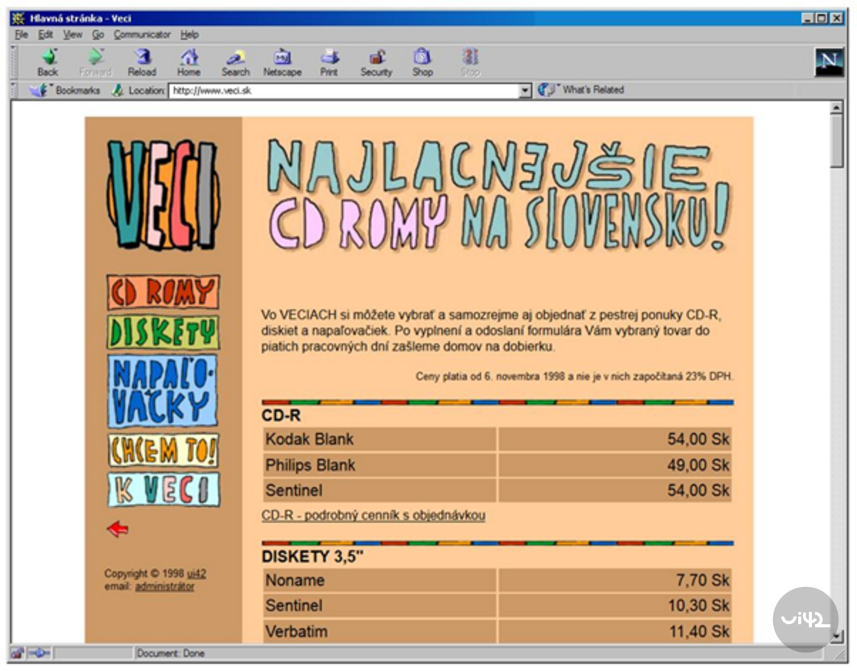Starý web s nabídkou nejlevnějších CD-ROM na Slovensku z roku 1998