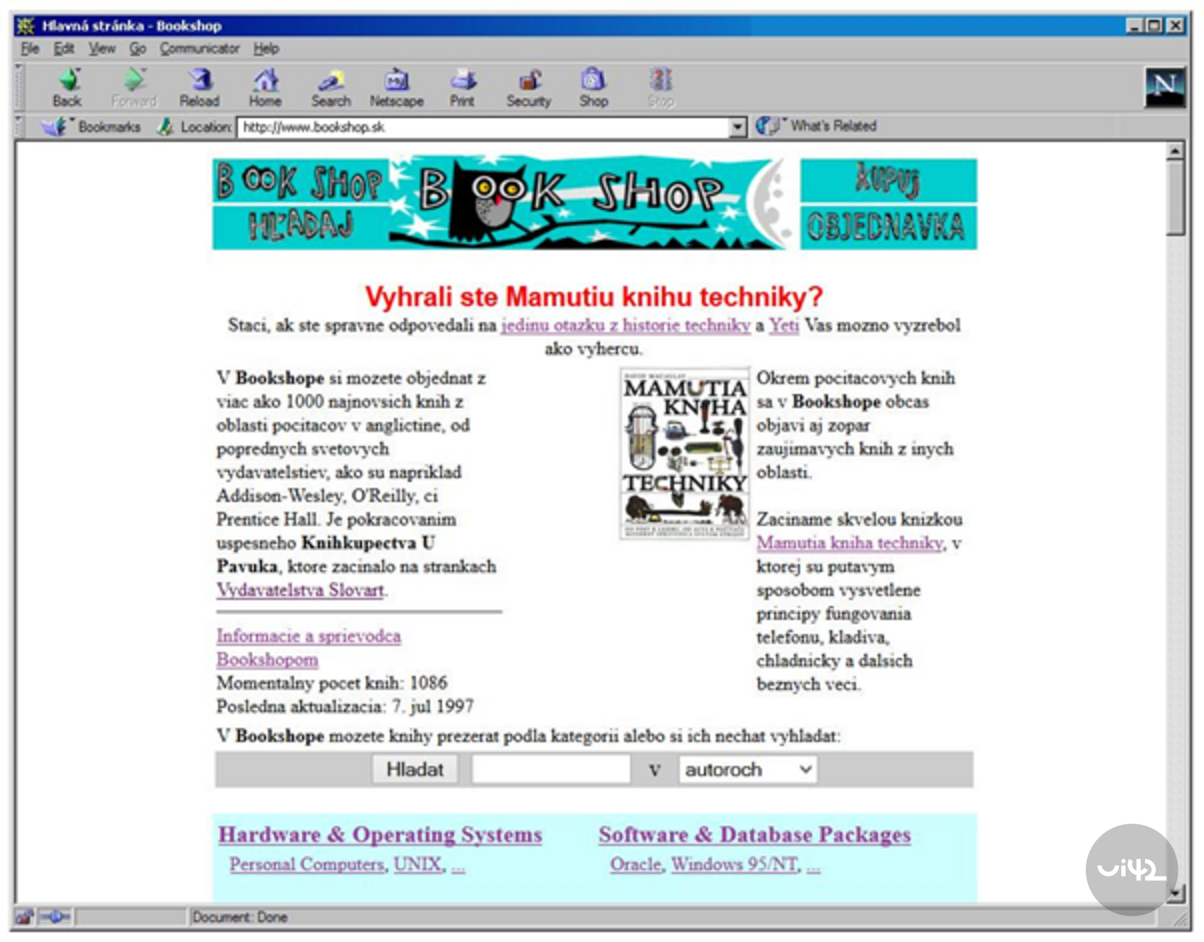 Webová stránka online knihkupectví z 90. let s nabídkou technických knih