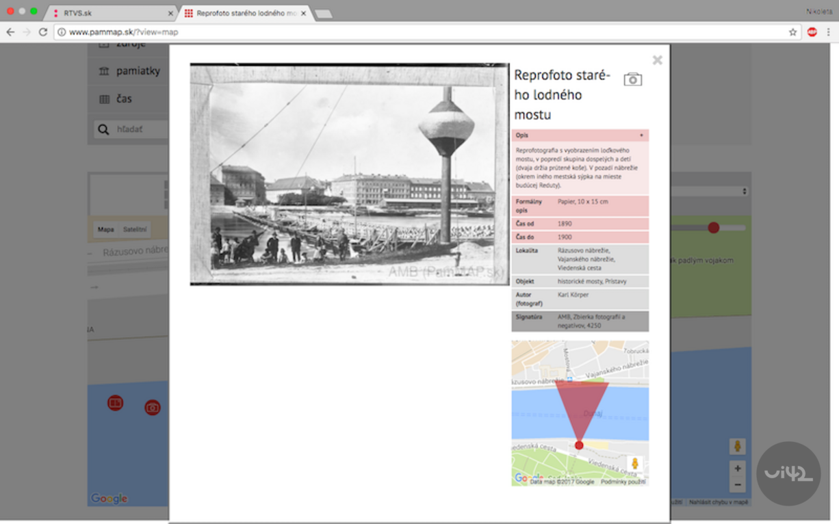 Historická fotografie starého lodního mostu v Bratislavě na Rázusově nábřeží z roku 1890.