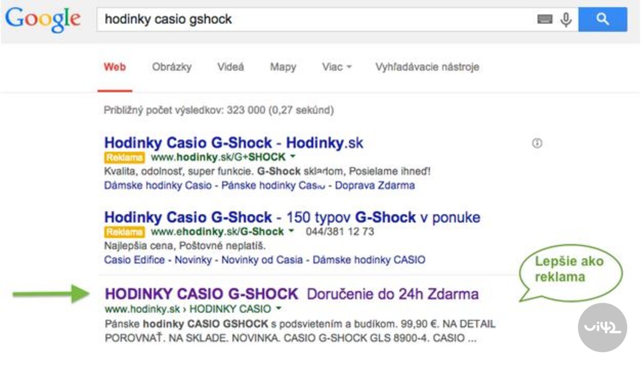 Výsledky vyhledávání Google pro hodinky Casio G-Shock s reklamami a organickým odkazem.