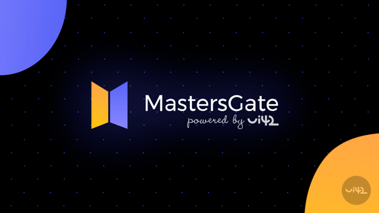 Logo MastersGate 2019 s textom 'powered by vi42' na tmavom pozadí s farebnými prvkami.