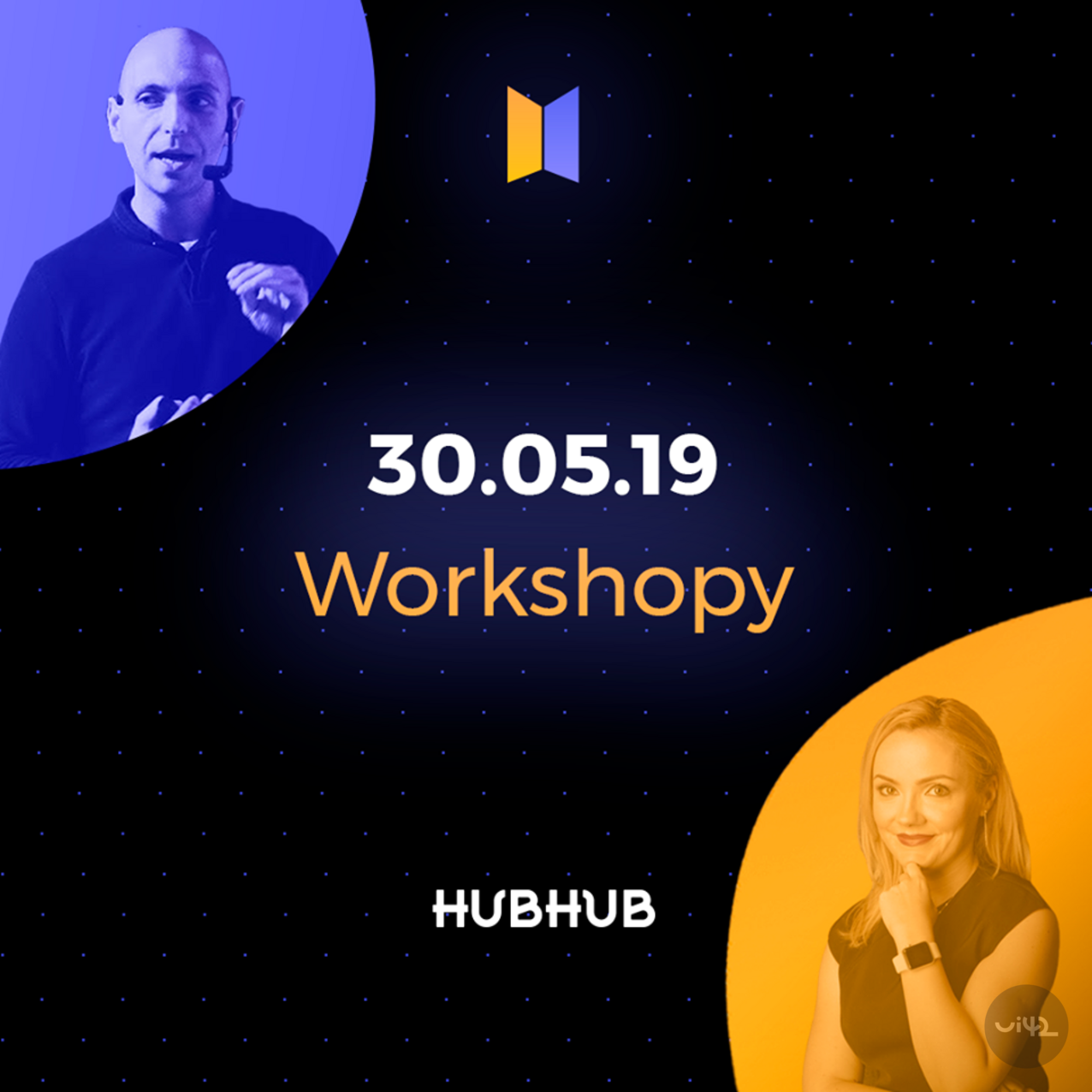 Reklamný obrázok na podujatie MastersGate 2019 so zameraním na workshopy, dátum 30.05.19, logo HubHub, portréty dvoch osôb.