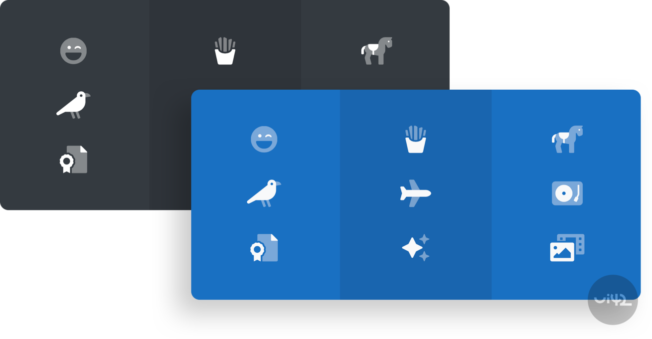 Grafické ikony na tmavom a modrom pozadí, vrátane smajlíka, vtáka, lietadla a koňa.