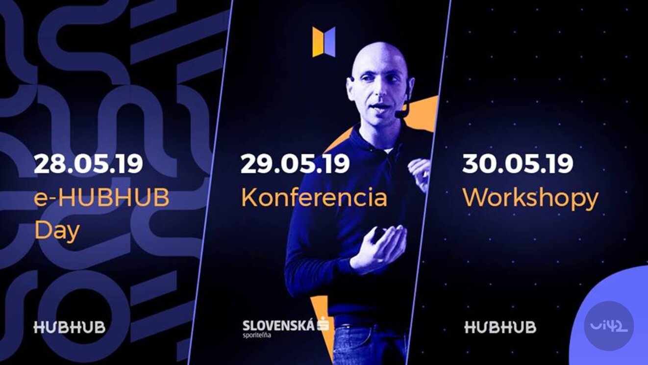 Plagát pre MastersGate 2019 s programom podujatí na 28. až 30. mája, vrátane e-HUBHUB Day, konferencie a workshopov.
