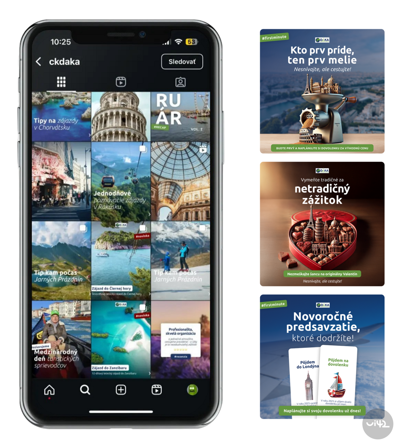 Ukázka sociálních sítí cestovní kanceláře s různými příspěvky o cestování, včetně tipů na výlety a speciálních nabídek.