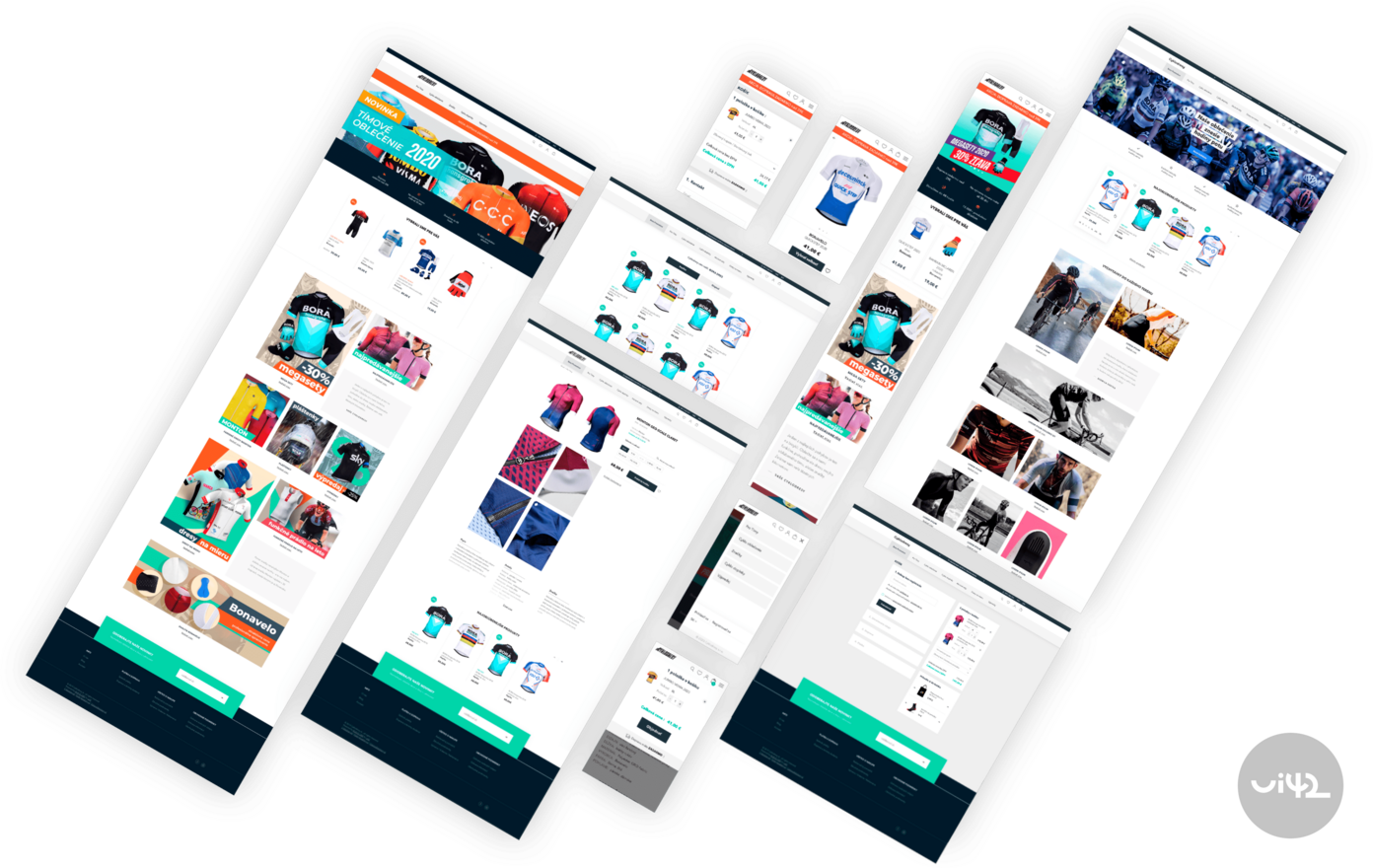 Různé návrhy webových stránek s cyklistickými dresy a oblečením.