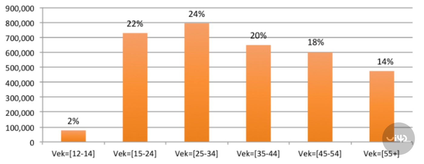 Graf zobrazující procentuální rozdělení uživatelů internetu podle věkových kategorií: 12-14 let (2%), 15-24 let (22%), 25-34 let (24%), 35-44 let (20%), 45-54 let (18%), 55+ let (14%).