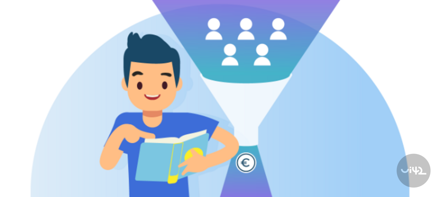 Ilustrace muže s knihou a trychtýřem konverzí v e-shopu