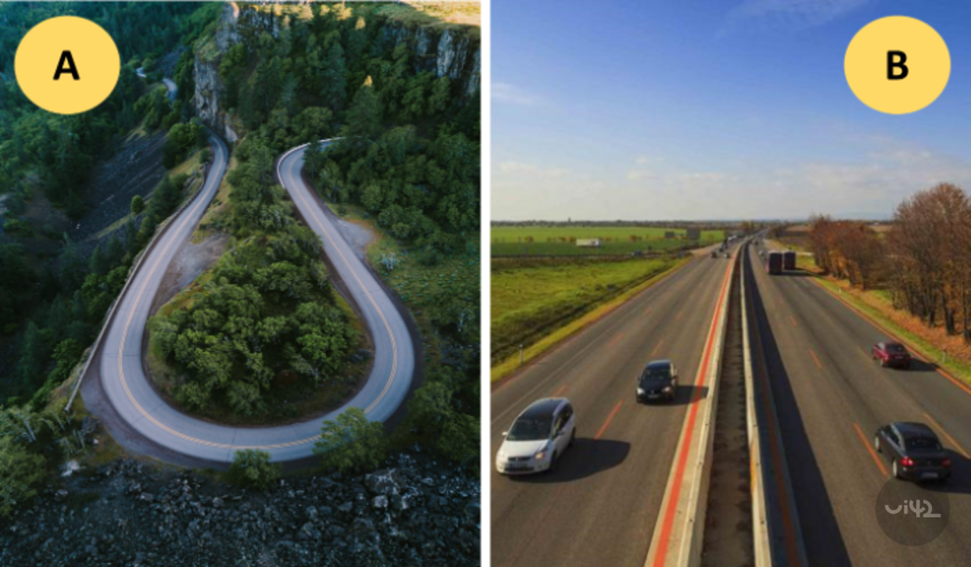 Porovnání dvou cest, klikatá horská cesta a přímý dálniční úsek