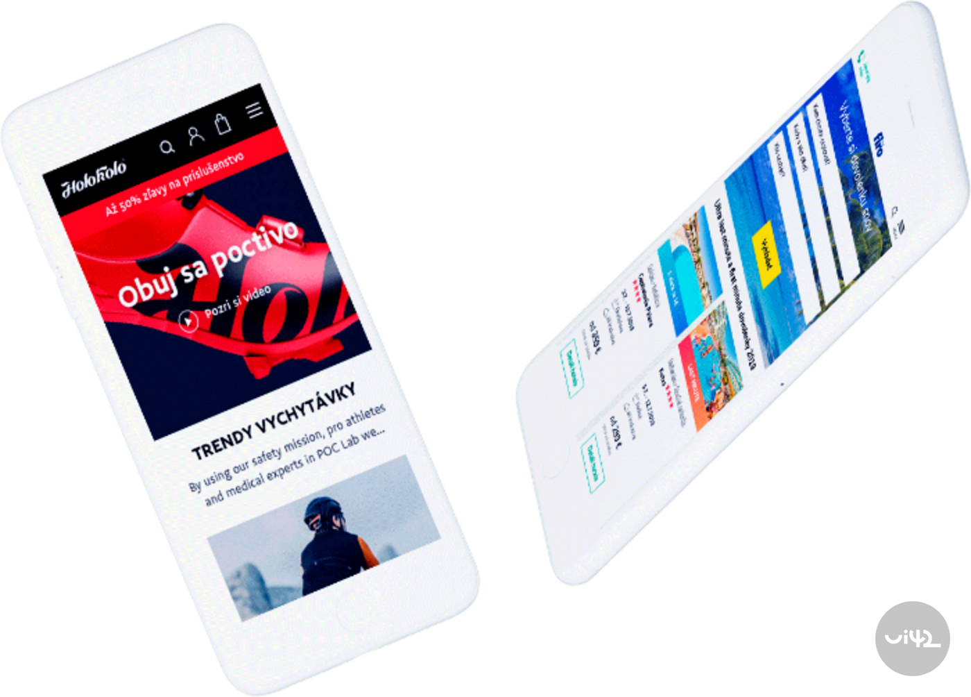 Dvě mobilní zařízení zobrazující e-shopy na obrazovkách