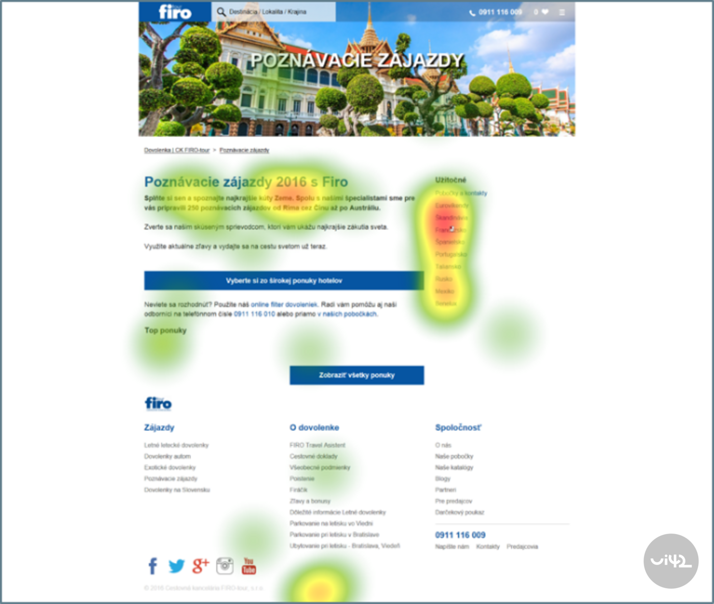 Webová stránka cestovní kanceláře s vizualizací sledování pohledu (eyetracking), kde jsou nejvíce sledované oblasti zvýrazněny barevnými skvrnami.
